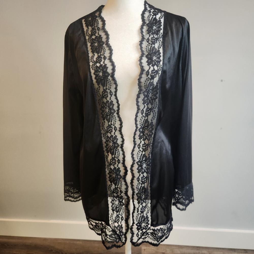 Vintage 80s Black Liquid Satin & Lace Bed Jacket Duster Robe